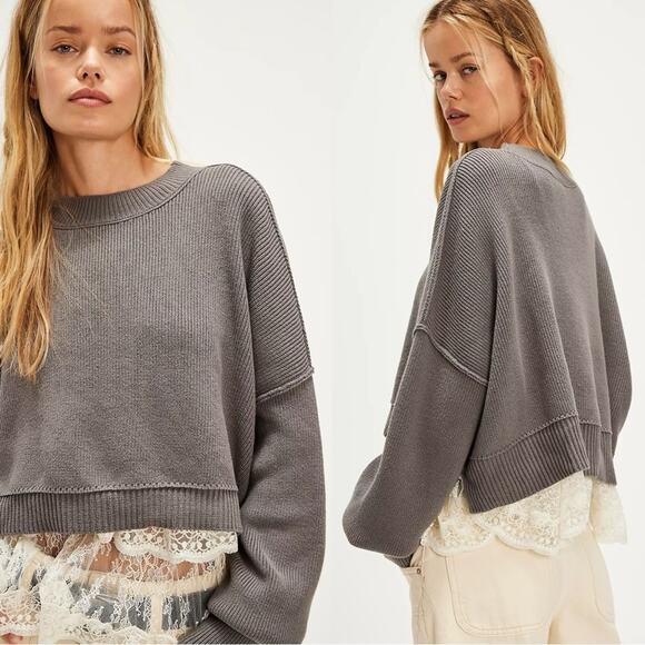Free People Sweaters - Free People Easy Street Crop Pullover Sweater in Grey Size Large Preppy Fall